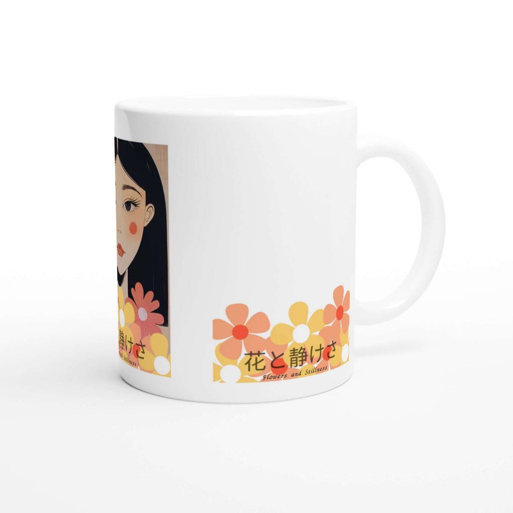 Flowers & Stillness Mug – Japanese Portrait Ceramic Coffee Cup – Tranquil Floral Gift for Tea or Coffee Lovers