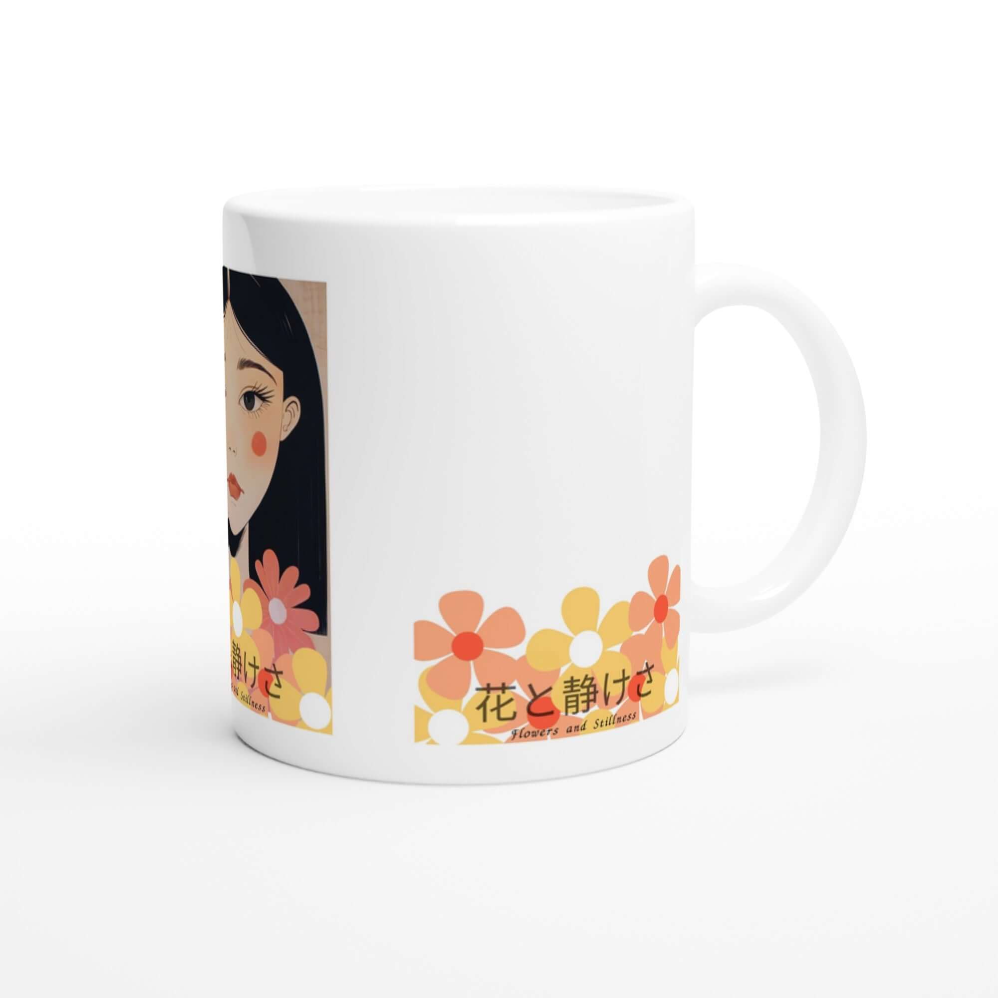 Flowers & Stillness Mug – Japanese Portrait Ceramic Coffee Cup – Tranquil Floral Gift for Tea or Coffee Lovers