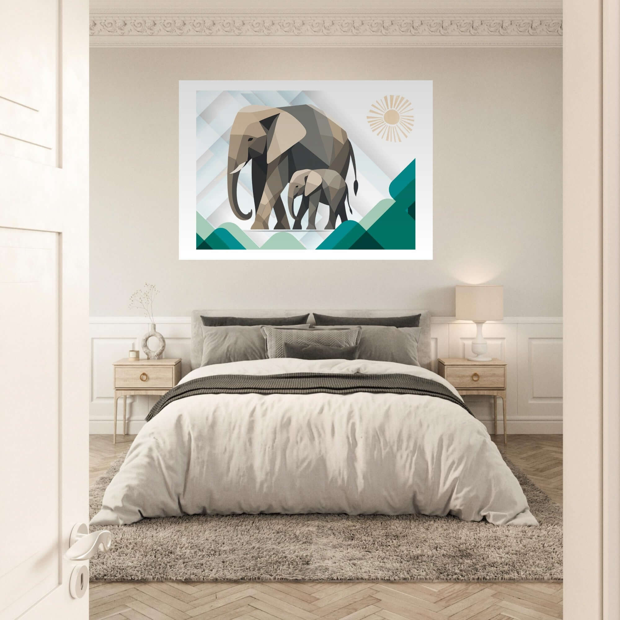 Elephant Duo Wall Art - Neutral Geometric Wildlife Illustration - Eco-Friendly Poster