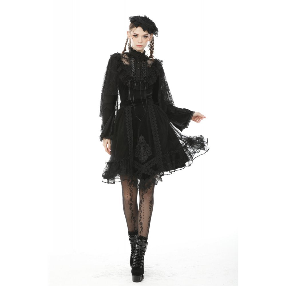Dark in Love Melisandre Embroidered Velvet Mesh Goth Skirt - Black