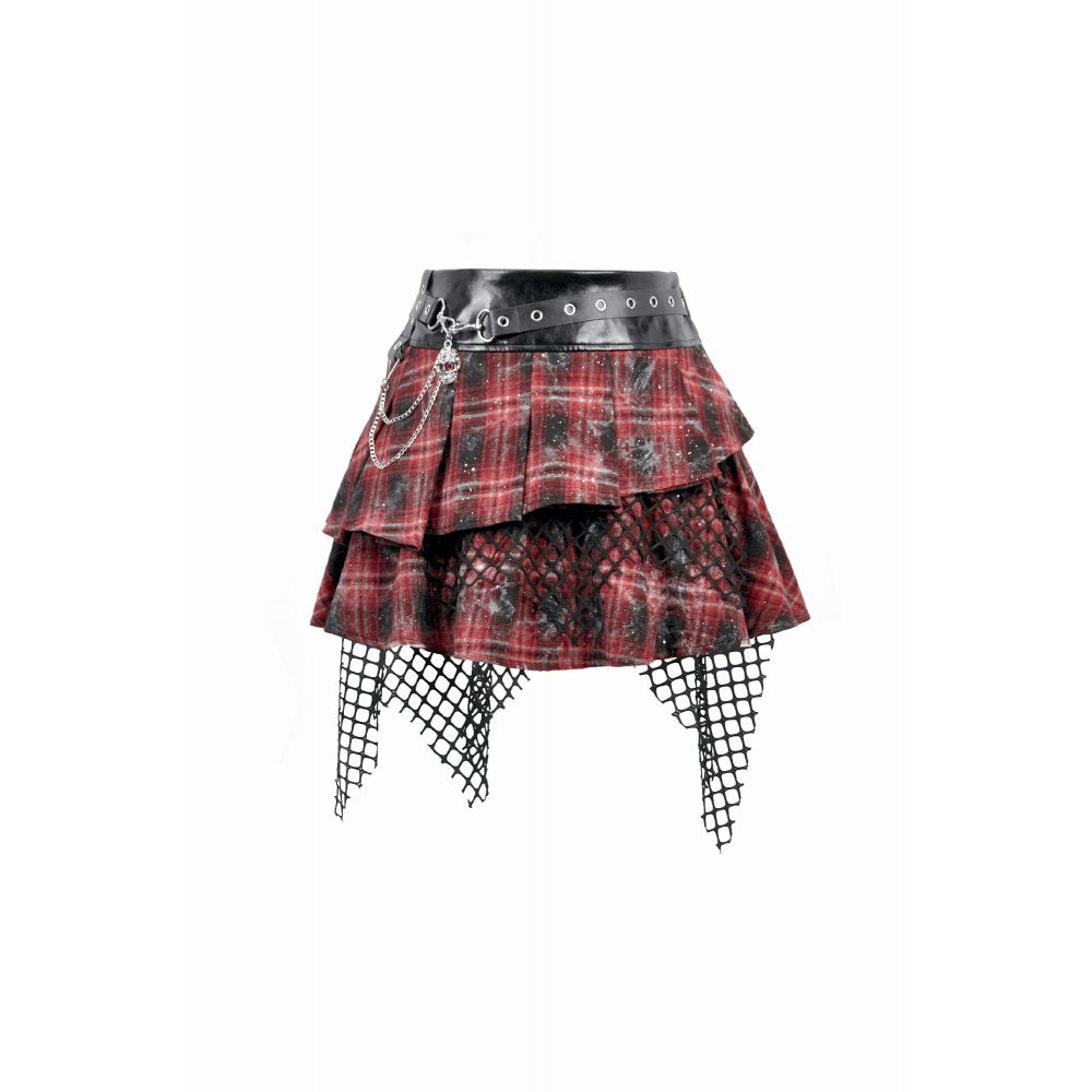 Dark in Love Linnea Red Plaid and Mesh Layered Punk Mini Skirt