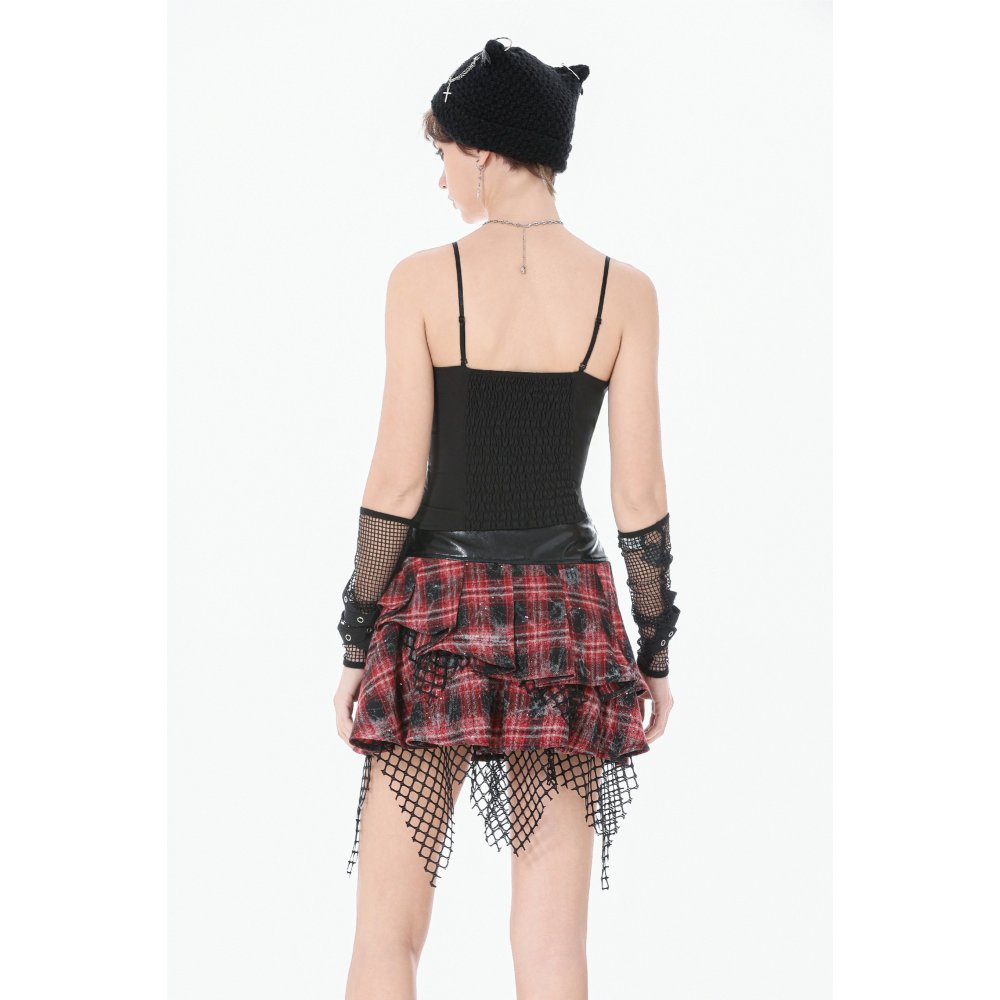 Dark in Love Linnea Red Plaid and Mesh Layered Punk Mini Skirt