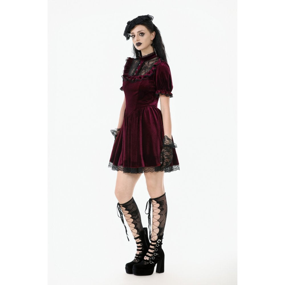 Dark in Love Ophelia Burgundy Velvet Goth Dress with Lace Collar