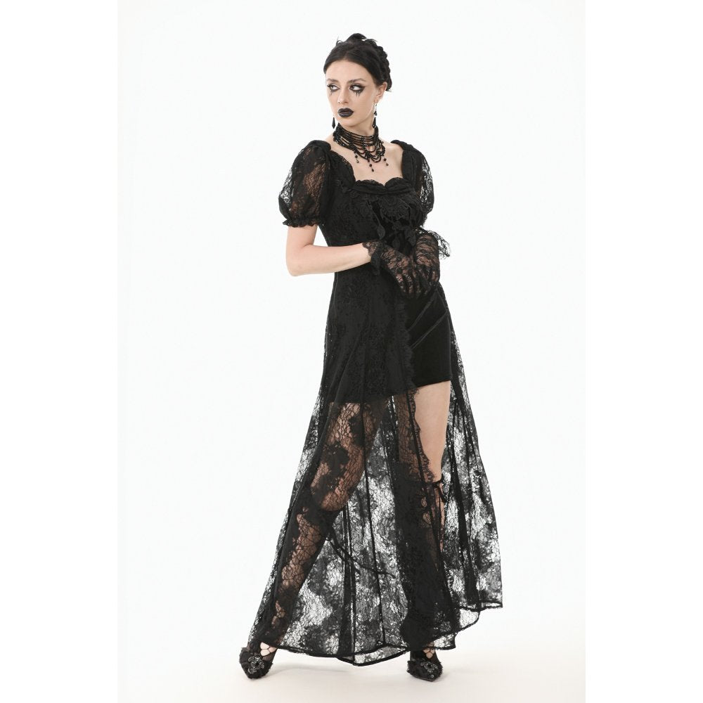 Dark in Love Morwenna Black Lace Gothic Maxi Dress with Train