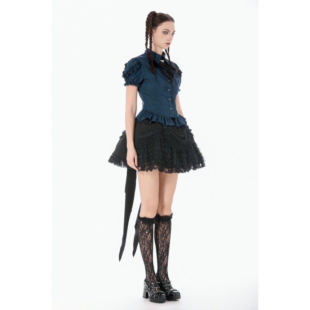 Dark in Love Gothic Academy Striped Puff-Sleeve Blouse - Blue/Black