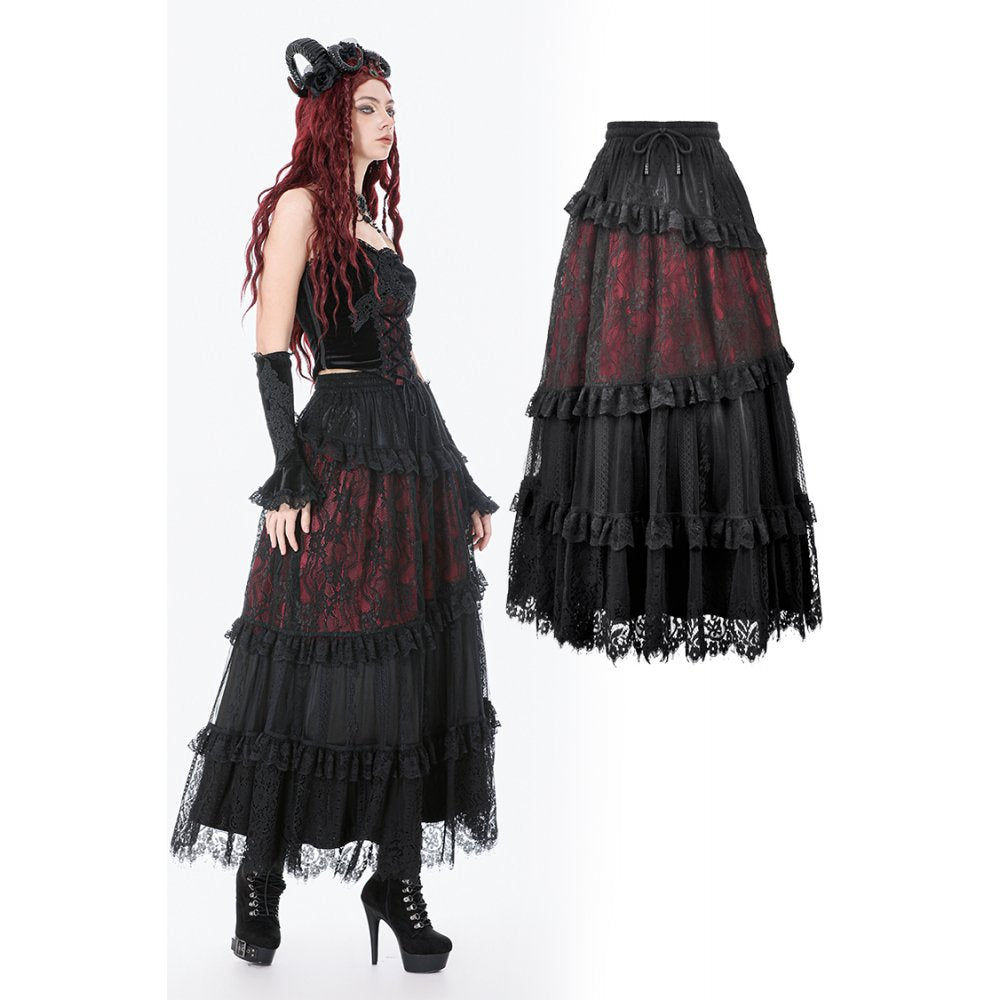 Dark in Love Spliced Lace Maxi Skirt – Gothic Black and Red Layered