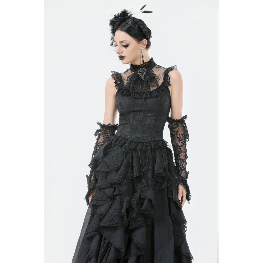 Dark in Love Seraphina Ruched Lace Goth Blouse - Black Satin