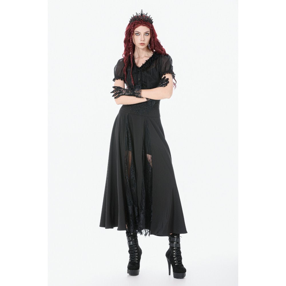 Dark in Love Gothic Long Skirt – High Waist Lace Inset Flowing Skirt