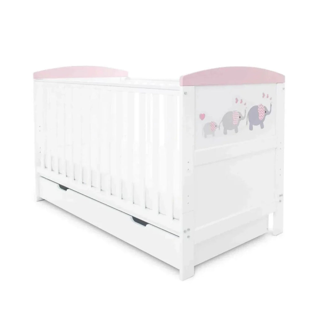Ickle Bubba Coleby Style Cot Bed with Under Drawer Elephant Love Pink - Without Mattress