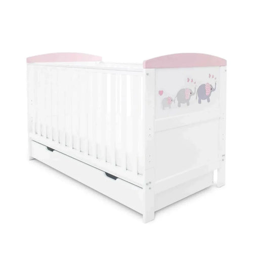 Ickle Bubba Coleby Style Cot Bed with Under Drawer Elephant Love Pink - Without Mattress