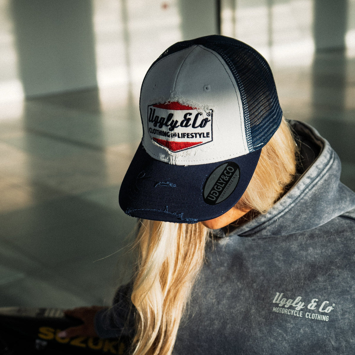 Uggly & Co Navy Blue & White Diamond Distressed Trucker Hat