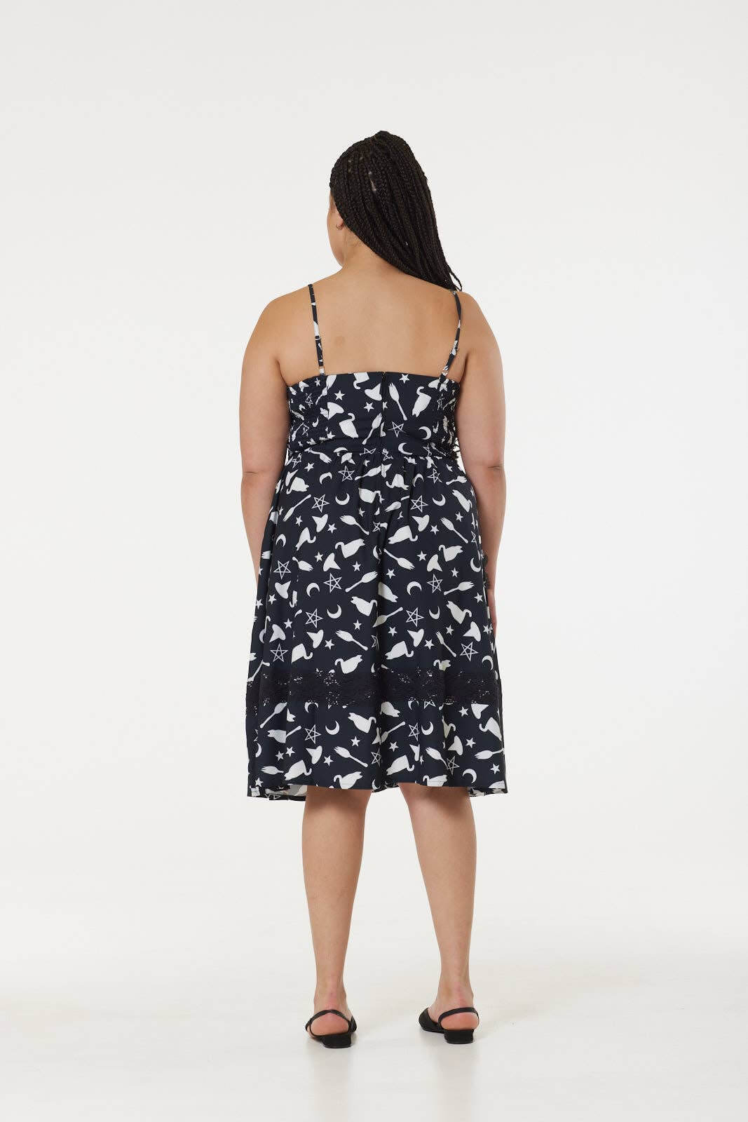 Kate's Clothing Witch Print Midi Fit & Flare Dress with Lace Hem