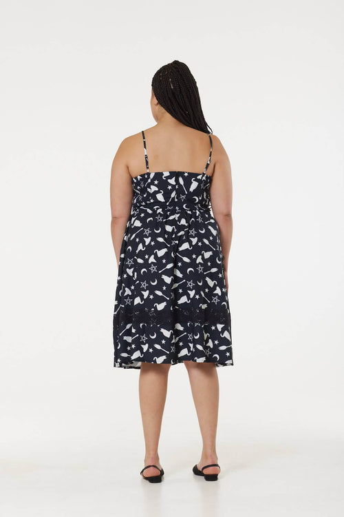 Kate's Clothing Witch Print Midi Fit & Flare Dress with Lace Hem