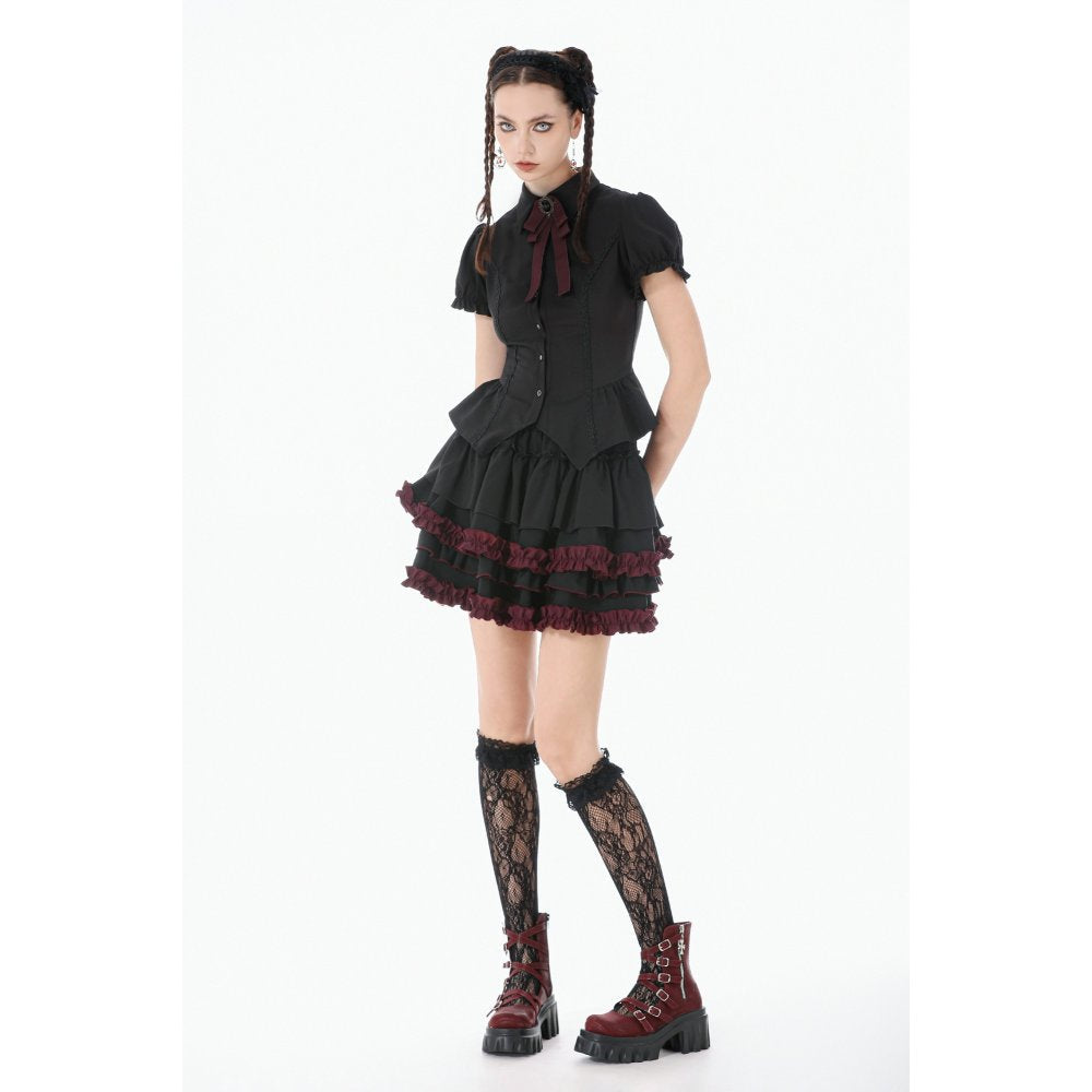 Dark in Love Black & Crimson Gothic Tiered Ruffle Mini Skirt