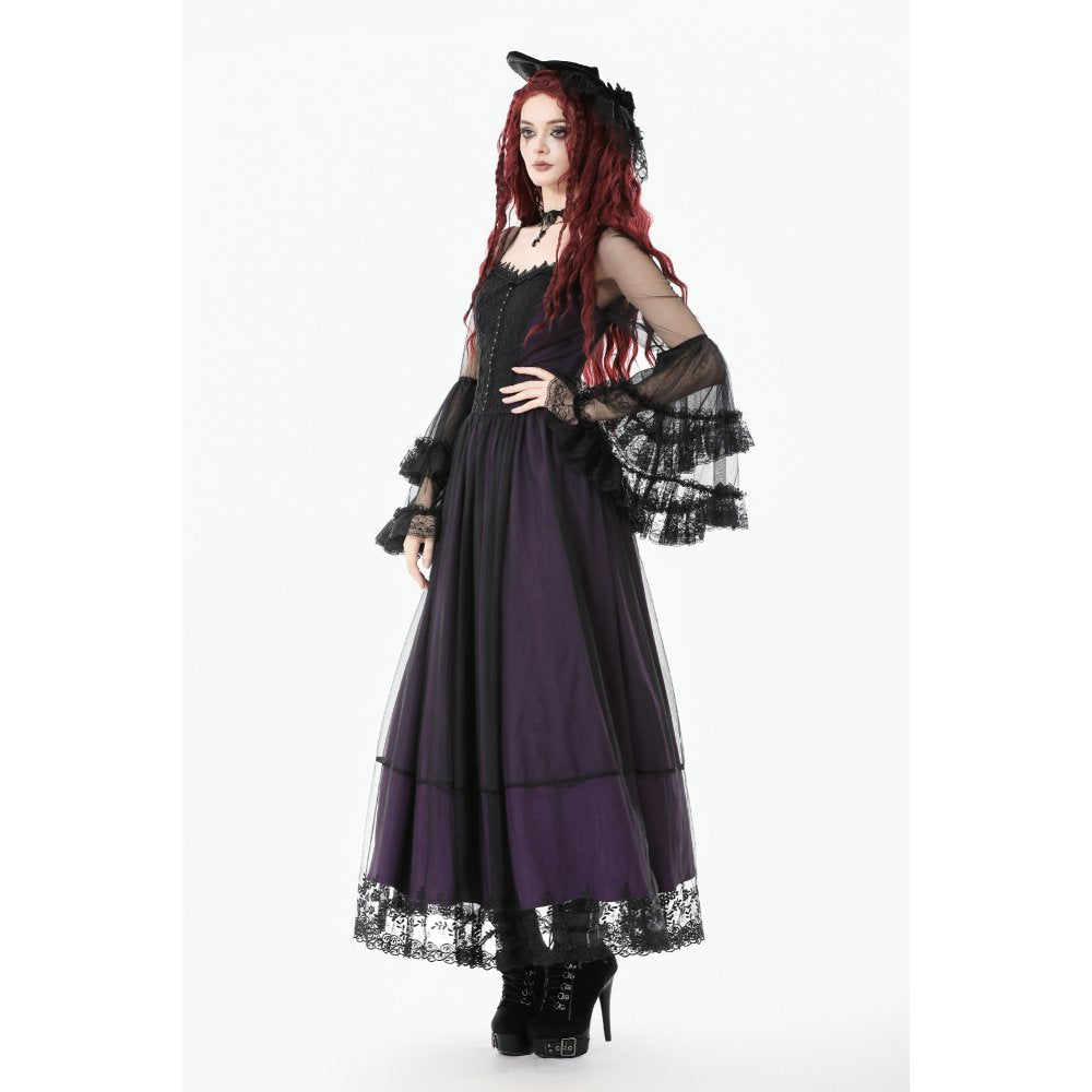 Dark in Love Lilith Gothic Maxi Dress – Black & Plum Bell Sleeve