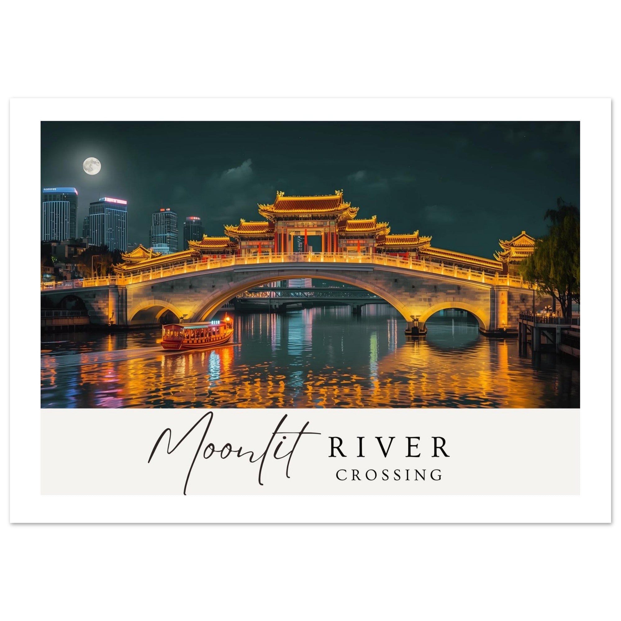 Moonlit River Crossing Poster - Illuminated Bridge Night Scene - Modern Landscape Wall Art Print