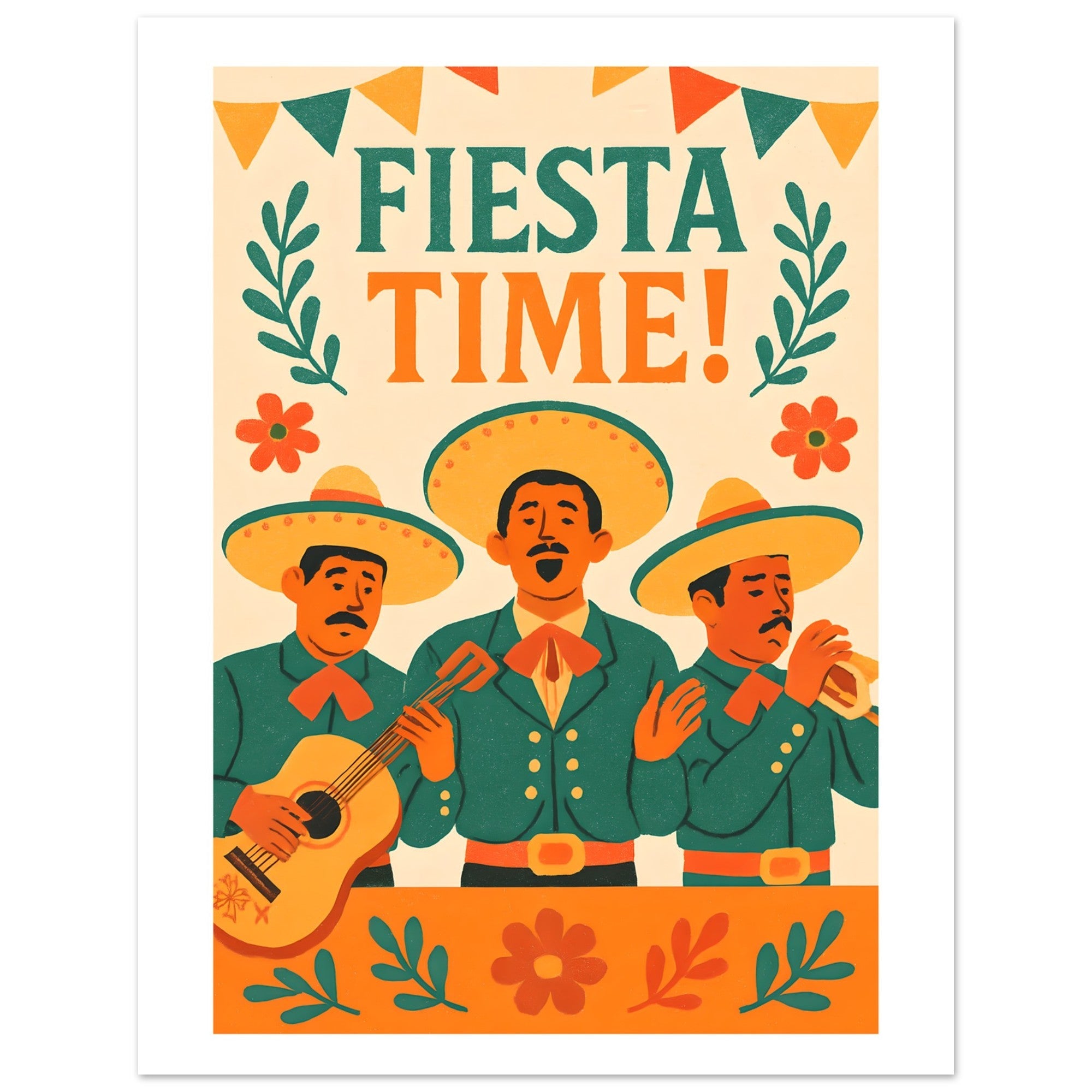 Fiesta Time Poster – Retro Mexican Wall Art – Vintage Mariachi Band Print – Colorful Festival & Cinco de Mayo Home Decor