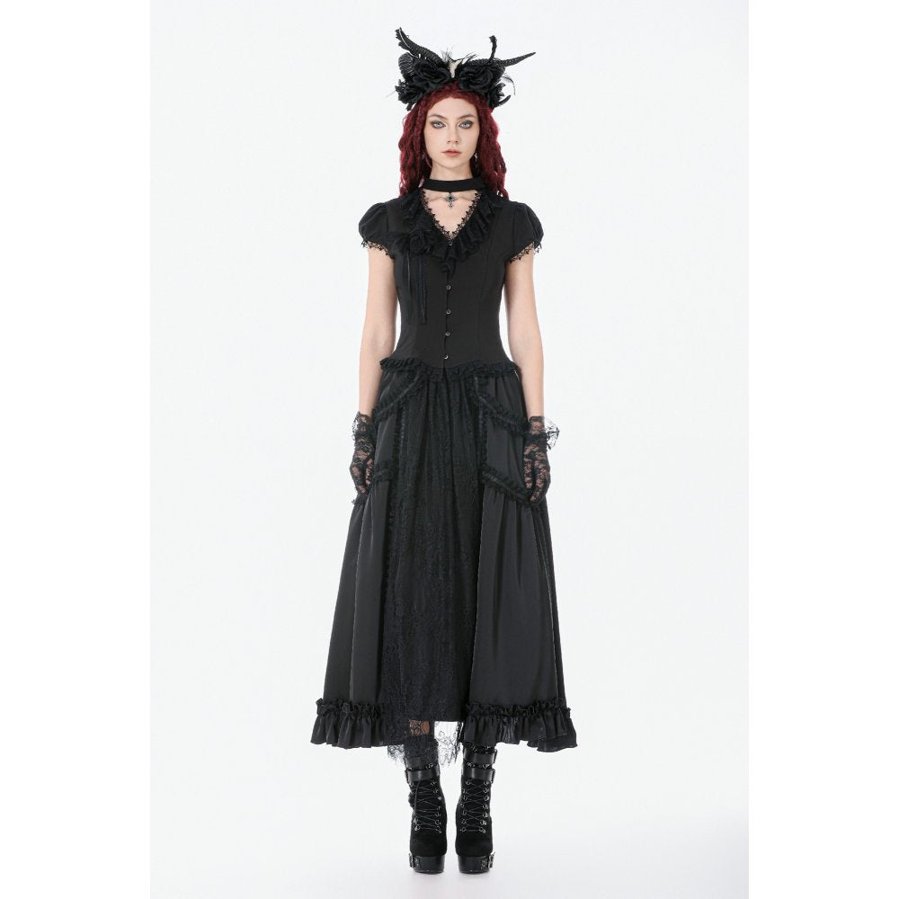 Dark in Love Courtly Cross Gem Gothic Blouse | Black Lace Puff Sleeve
