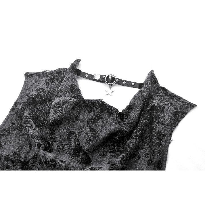Dark in Love Grey Shredded Butterfly Print Halter Goth Top