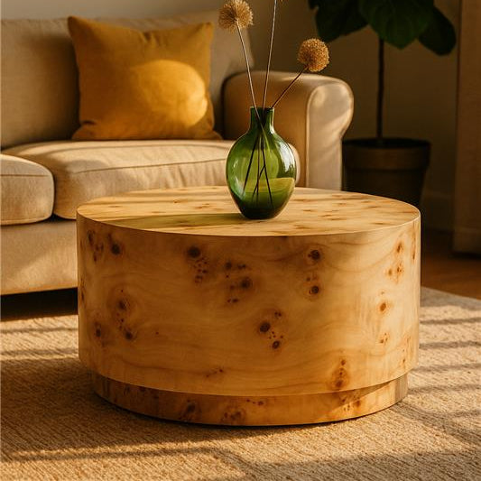 Orsina Mota Round Burl Wood Coffee Table – Drum Shape Design