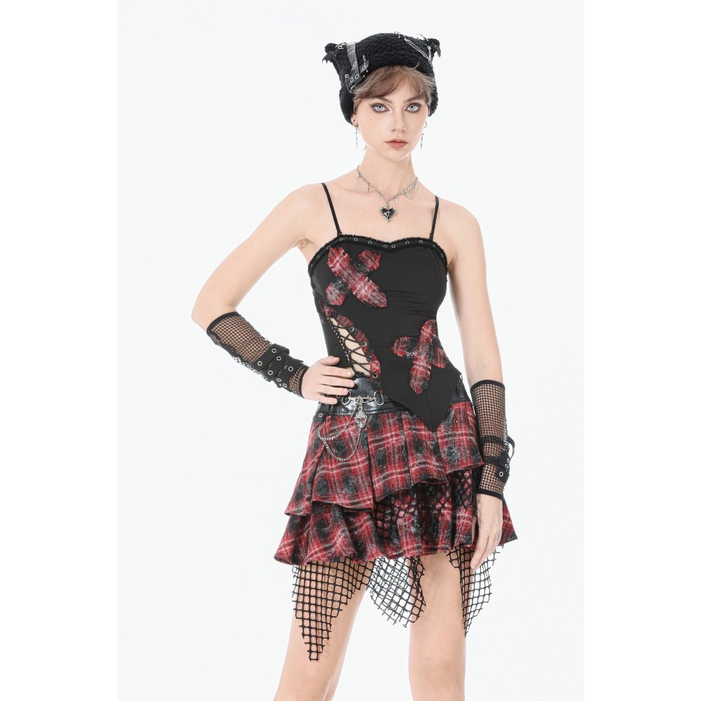Dark in Love Punk Plaid Cross Strap Top – Red Tartan Corset Style