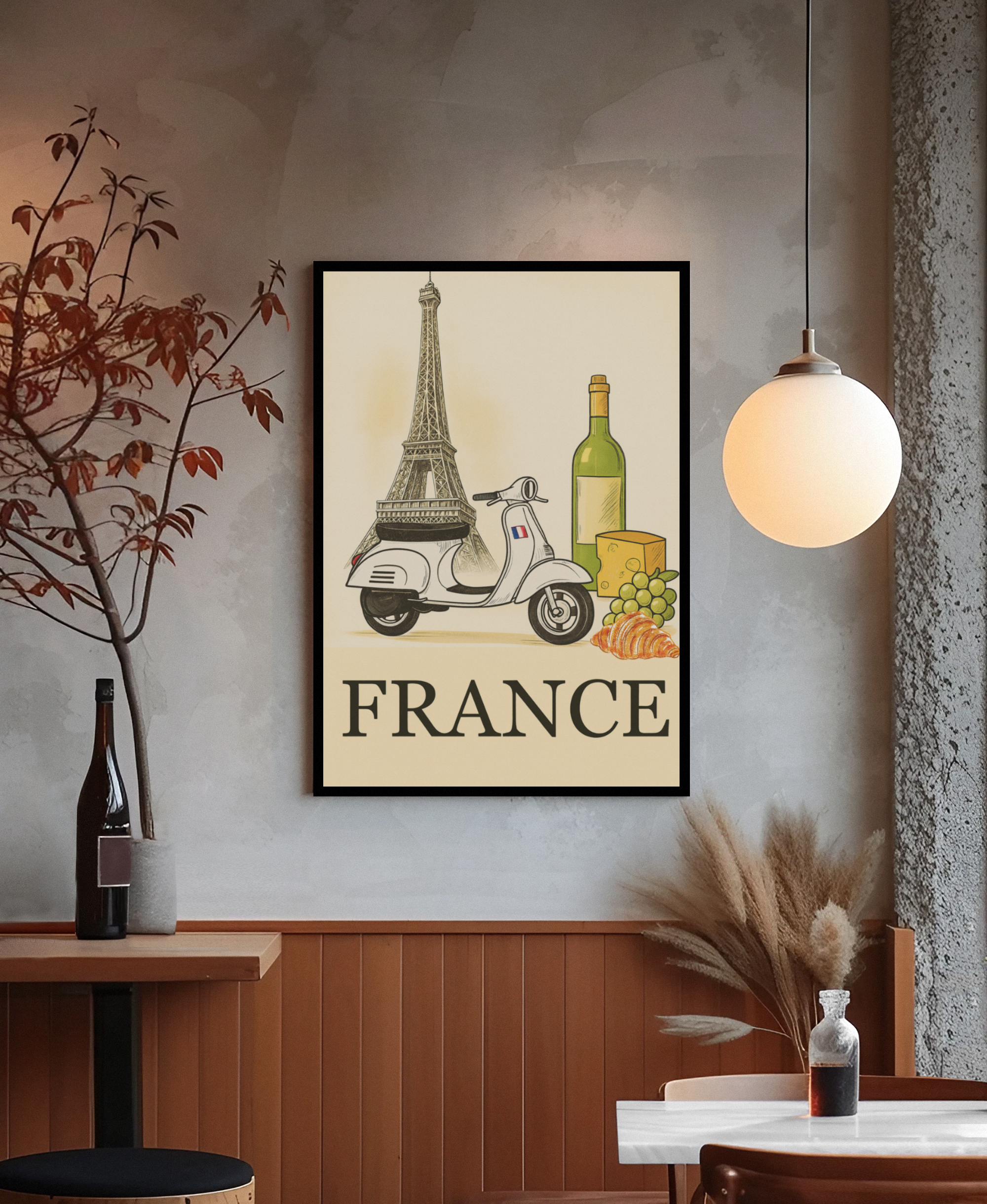 Vintage France Travel Poster - Paris Wall Art with Scooter, Wine & Cheese - Charming Home Decor