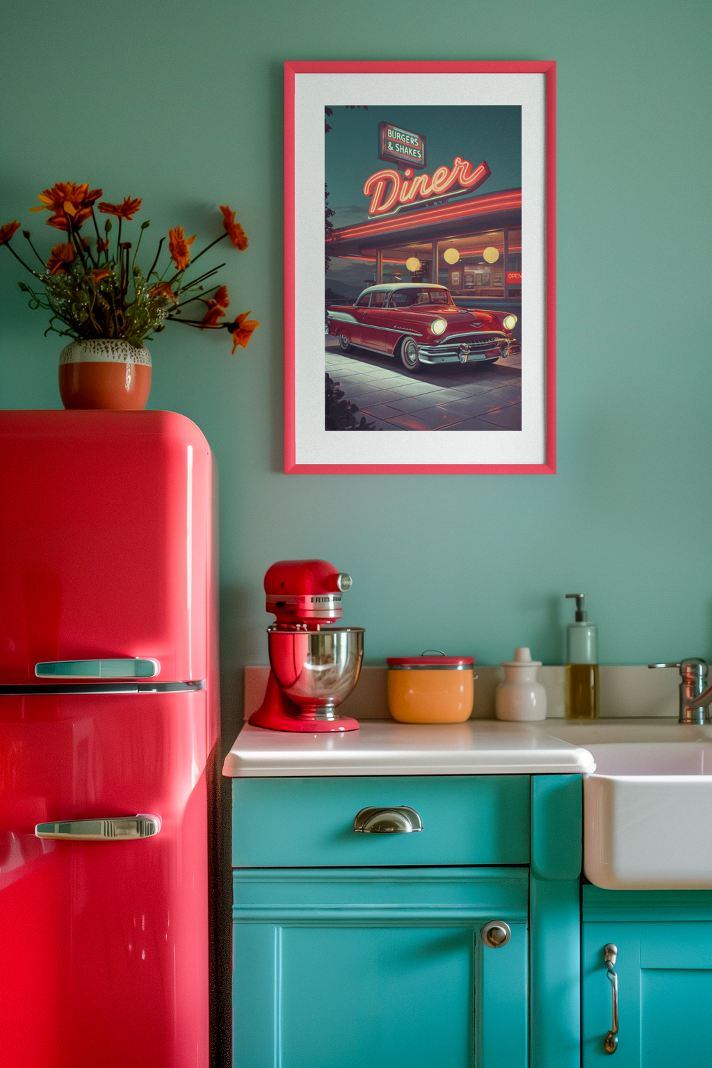Vintage Red Car and Retro Diner Poster - Classic Americana Wall Art on Semi-Glossy Paper