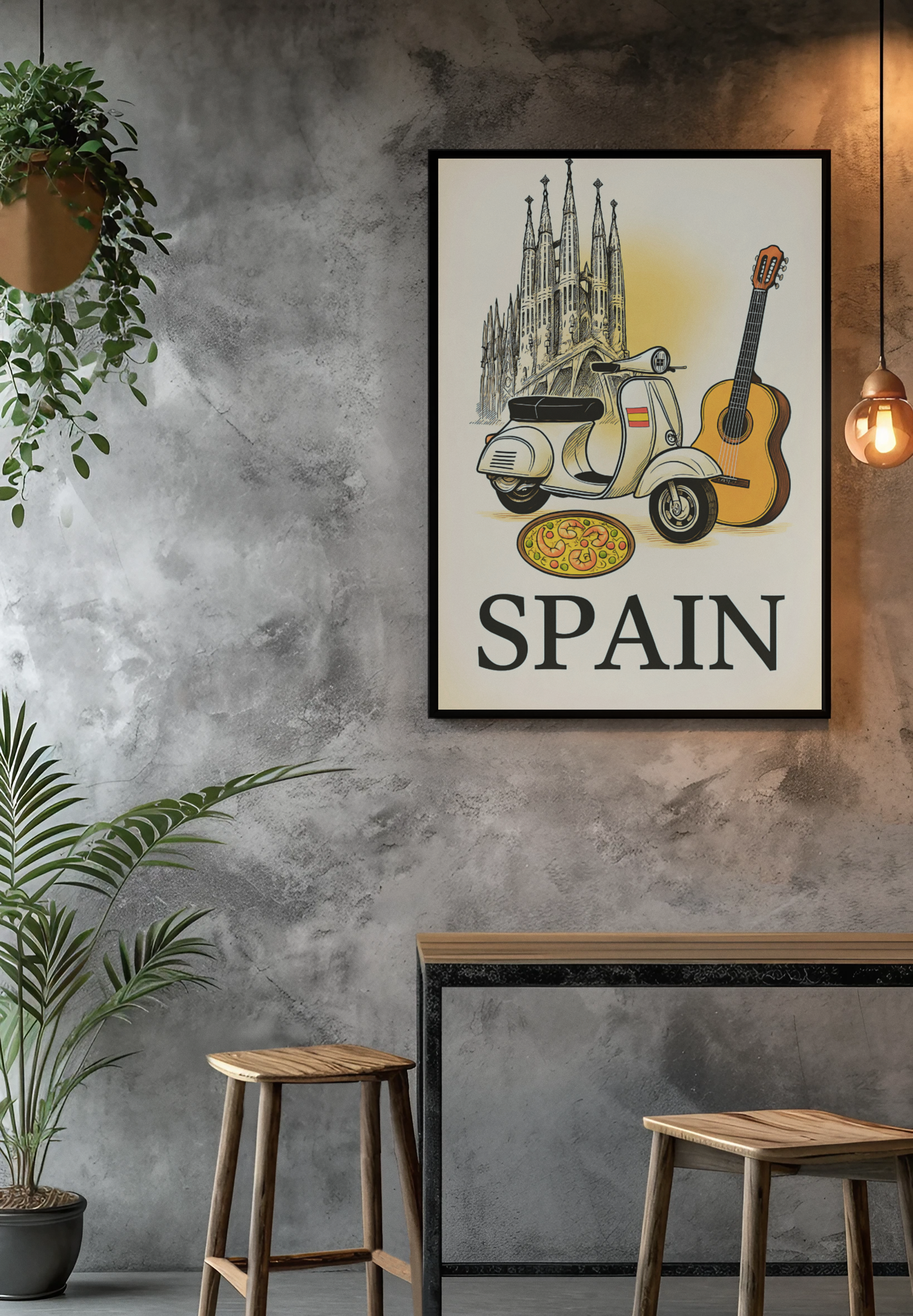Vintage Spain Travel Poster – Guitar & Paella Wall Art – Spanish Home Decor