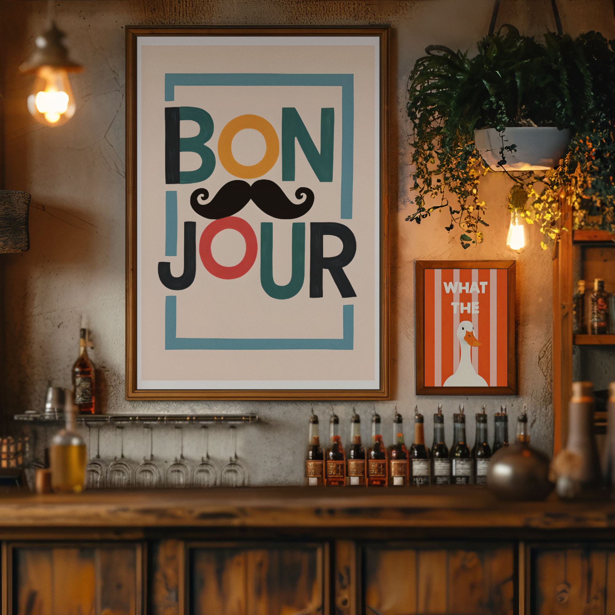 Bonjour Poster - Quirky French Greeting Wall Art with Mustache - Fun Living Room & Café Decor