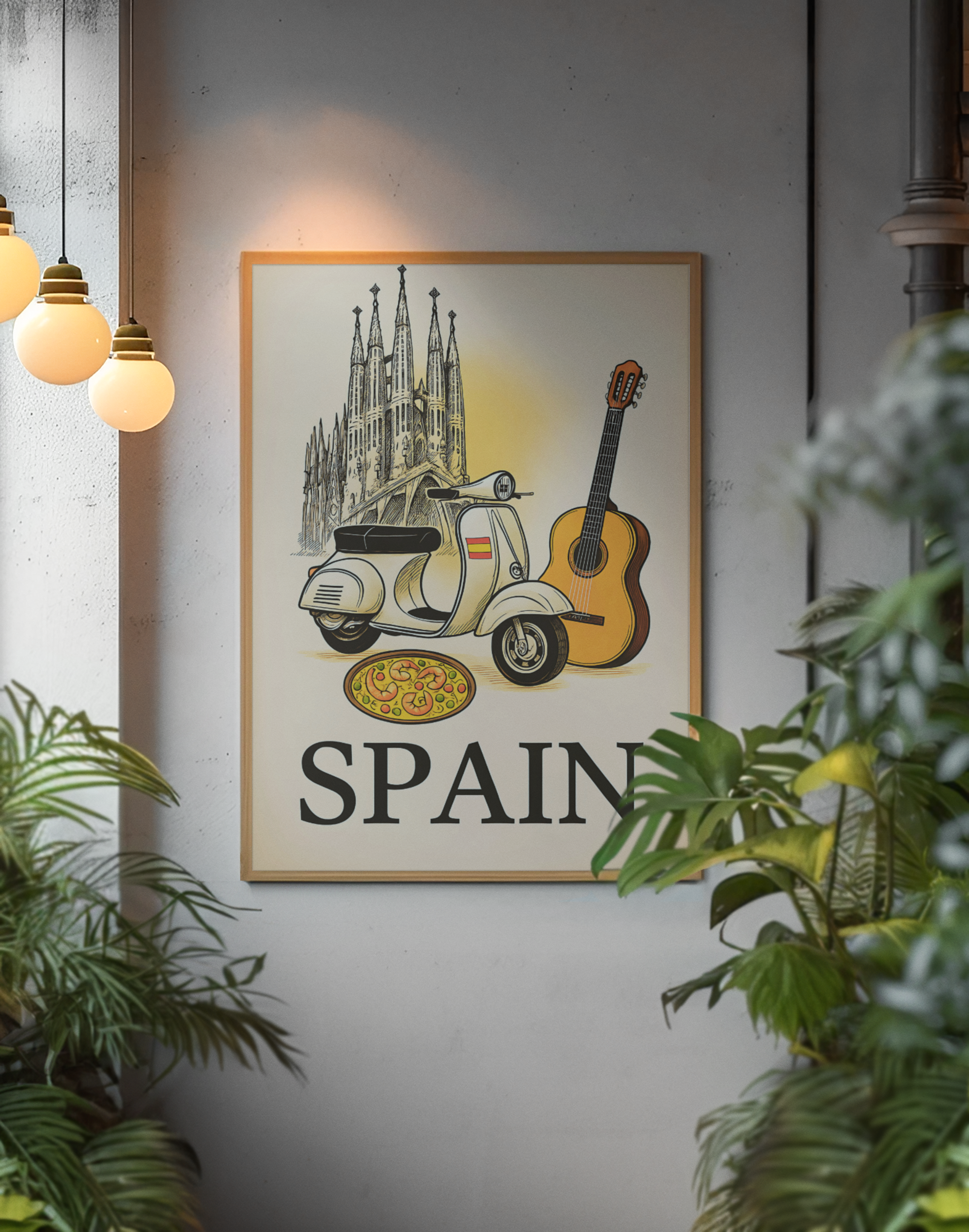 Vintage Spain Travel Poster – Guitar & Paella Wall Art – Spanish Home Decor