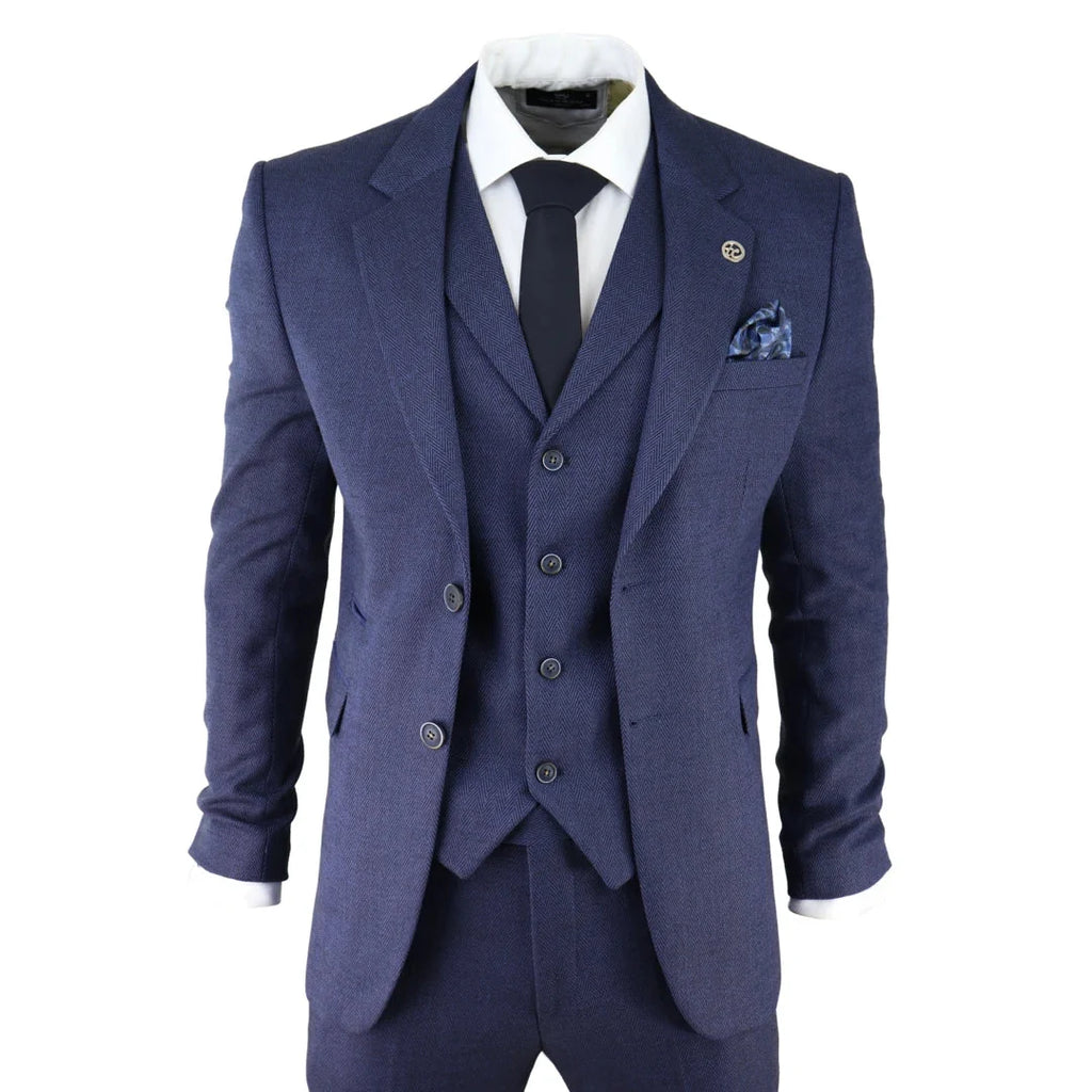 AK-04 - Men's Herringbone Tweed 3 Piece Blue Suit Wedding Blinders
