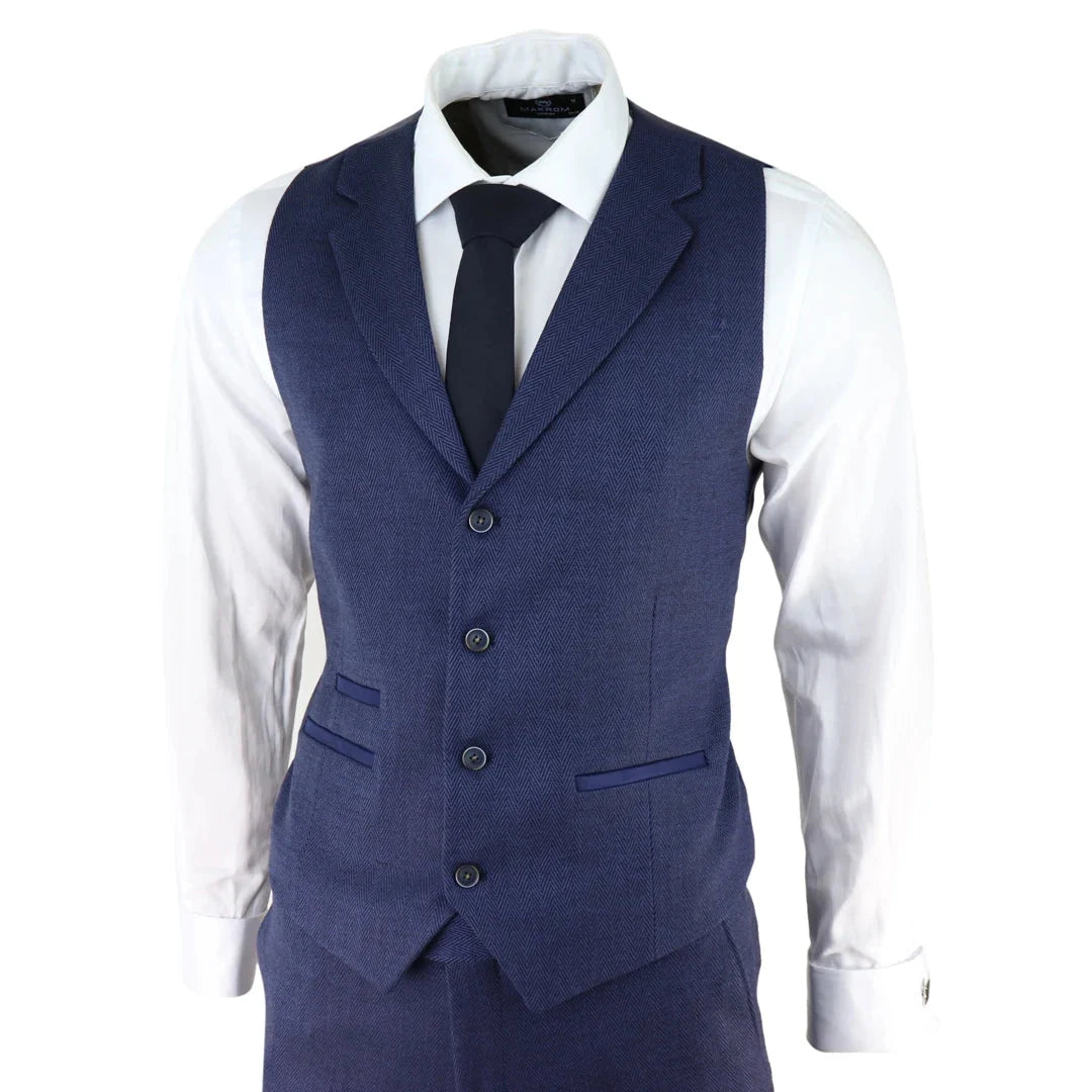 AK-04 - Men's Herringbone Tweed 3 Piece Blue Suit Wedding Blinders