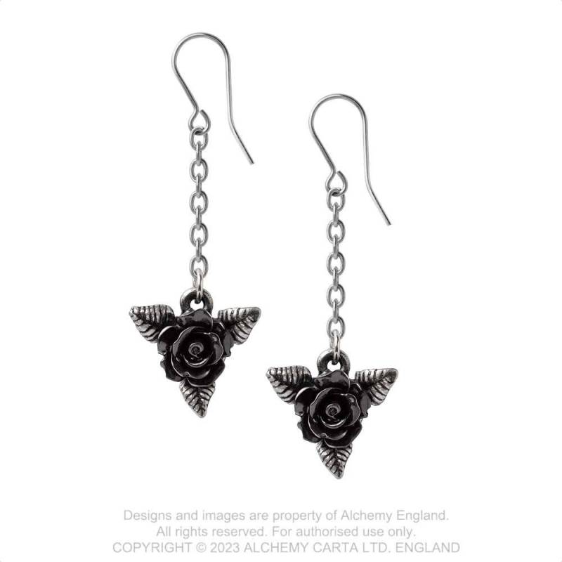 Alchemy Gothic Black Rose Droppers – Pewter Rose Drop Earrings