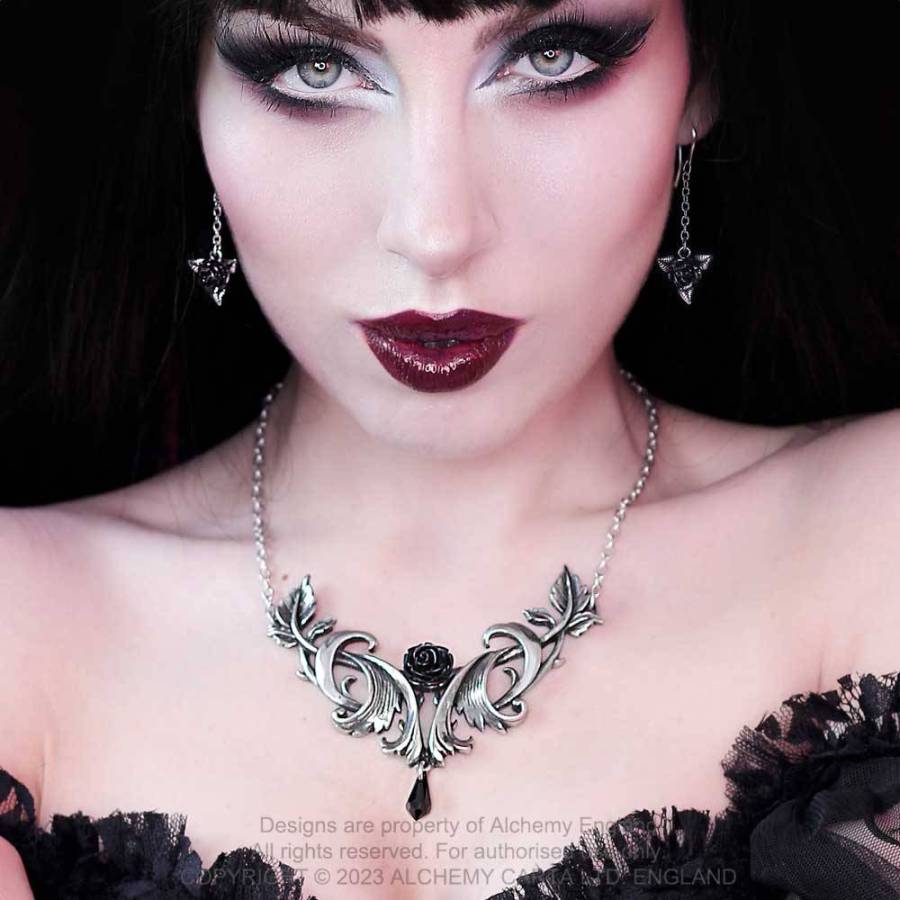 Alchemy Gothic Black Rose Droppers – Pewter Rose Drop Earrings