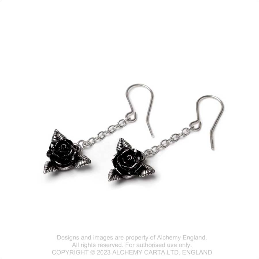 Alchemy Gothic Black Rose Droppers – Pewter Rose Drop Earrings