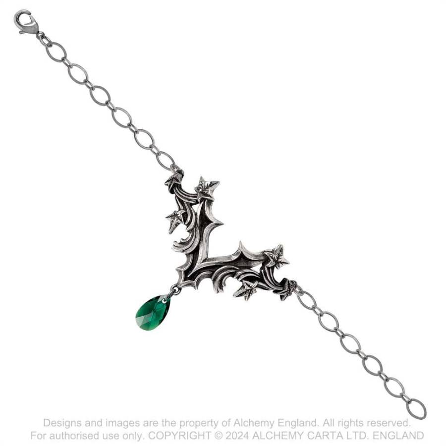 Alchemy Gothic Churchyard Bracelet – Ivy Leaf Pewter & Green Crystal