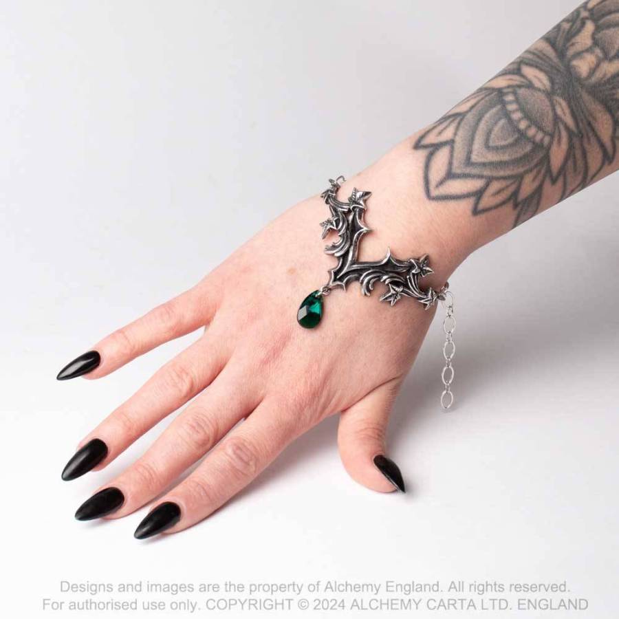 Alchemy Gothic Churchyard Bracelet – Ivy Leaf Pewter & Green Crystal