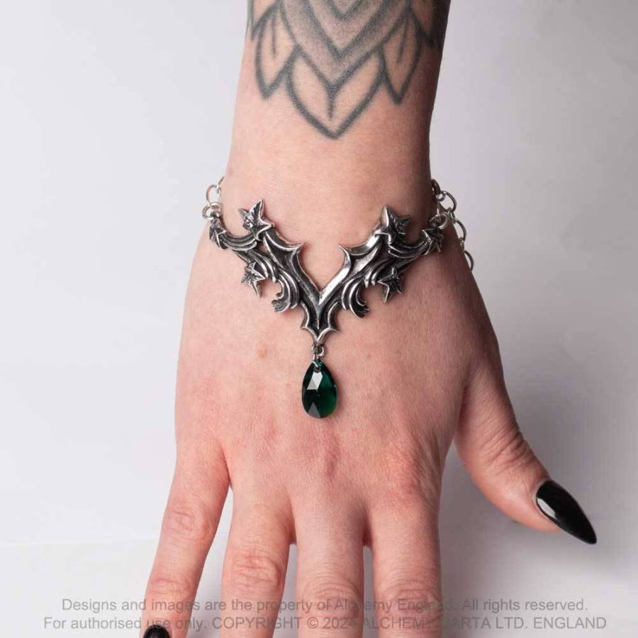 Alchemy Gothic Churchyard Bracelet – Ivy Leaf Pewter & Green Crystal