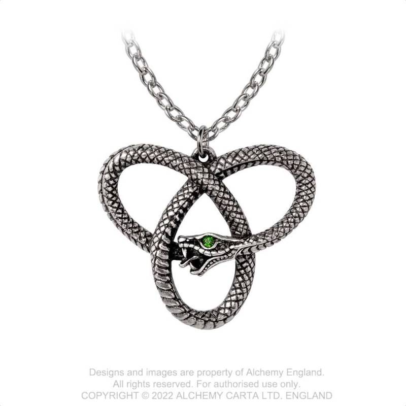 Alchemy Gothic Eve's Triquetra Snake Pendant | Pewter & Green Crystal