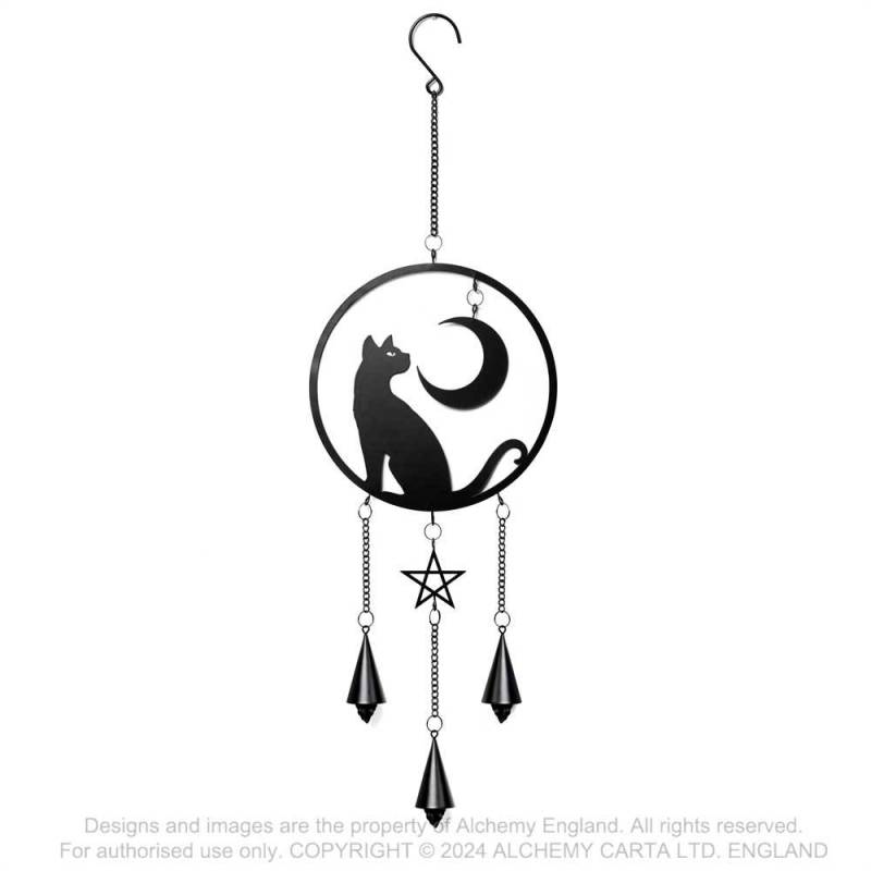 Alchemy Gothic Moon Gazer Black Cat Hanging Decoration | Steel Chime