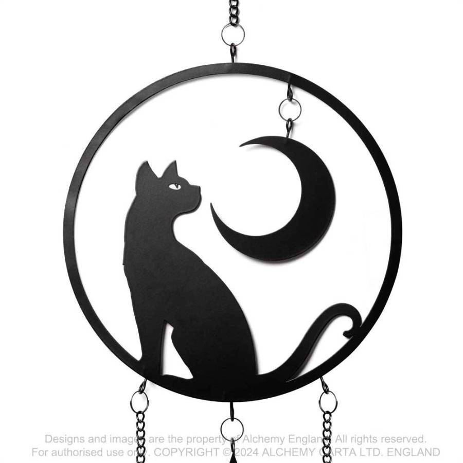 Alchemy Gothic Moon Gazer Black Cat Hanging Decoration | Steel Chime