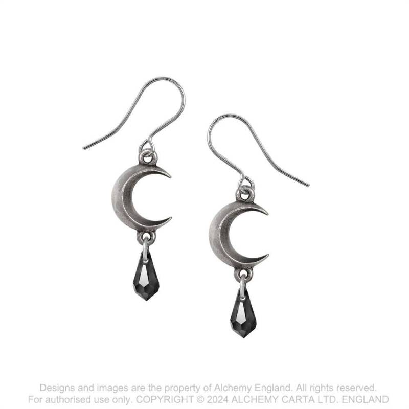 Alchemy Gothic Tears of the Moon Pewter Earrings with Black Crystal