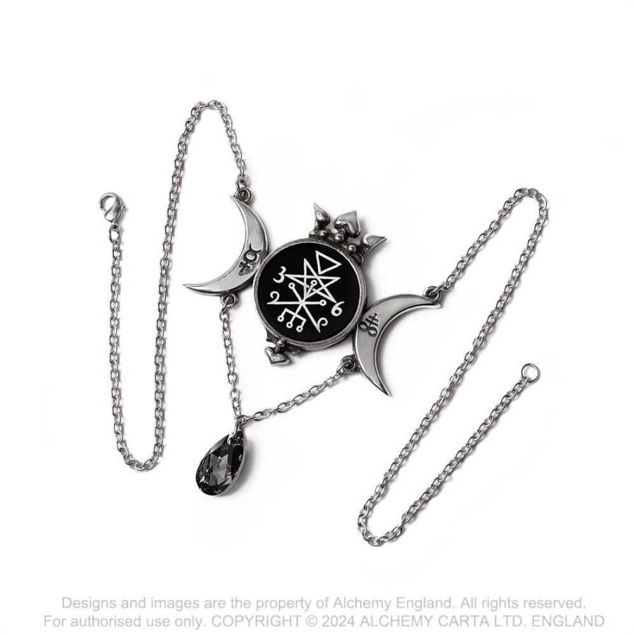 Alchemy Gothic Wycca Queen Necklace - Pewter Triple Moon Lilith Pendant