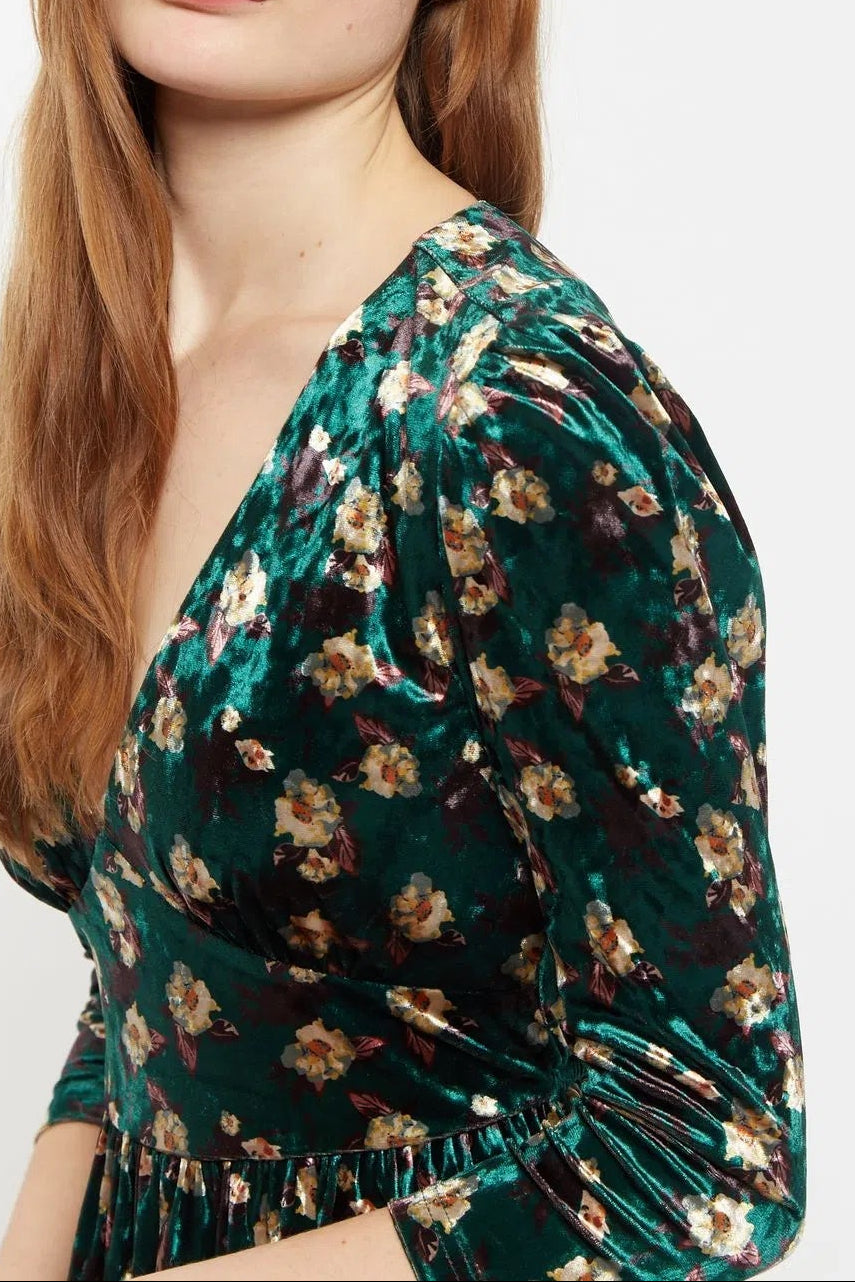 Louche Annalise Paintbrush Print Velvet V Neck Mini Dress