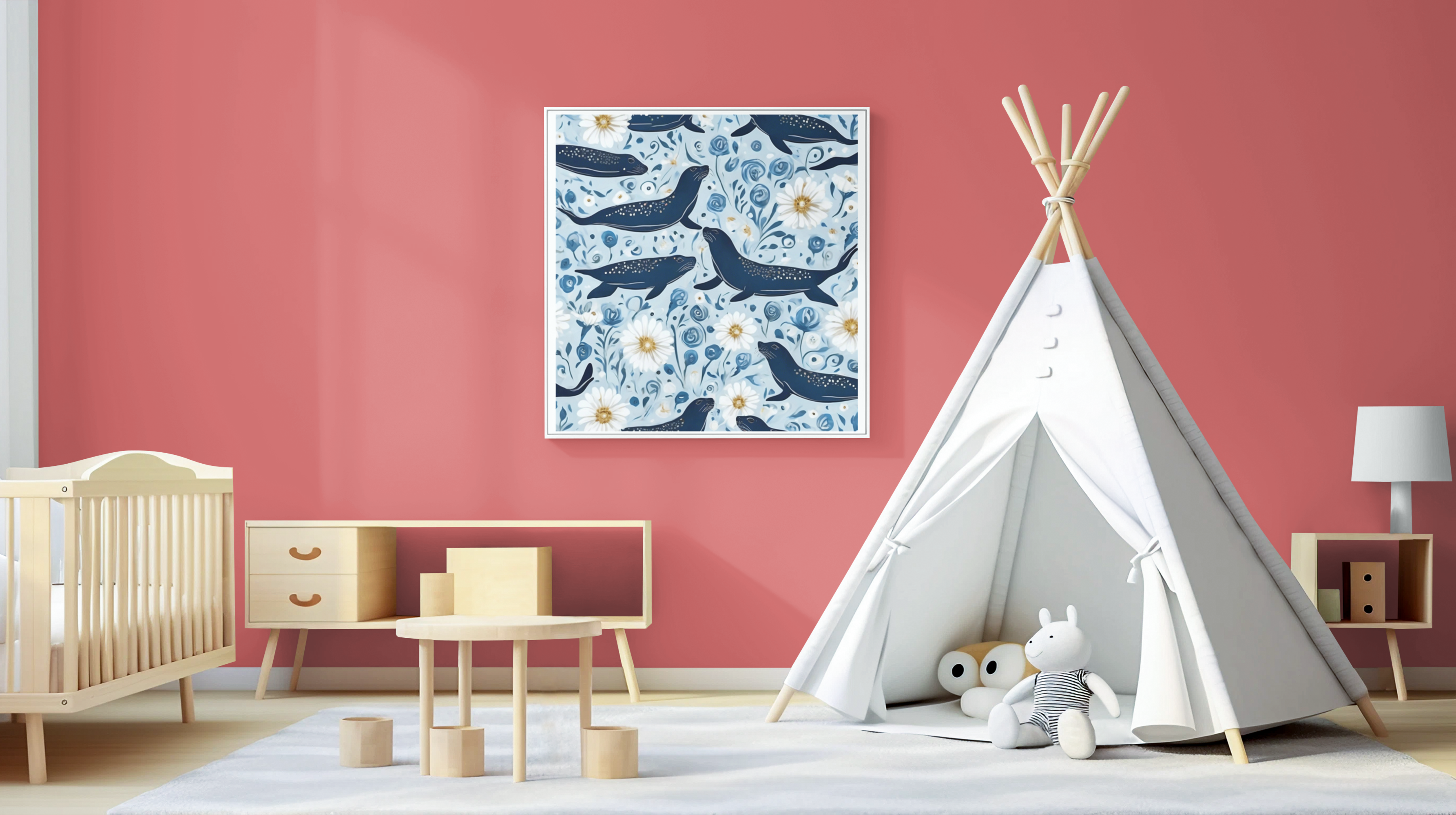 Whimsical Seal and Daisy Framed Wall Art – Coastal Nature Print, Ready to Hang