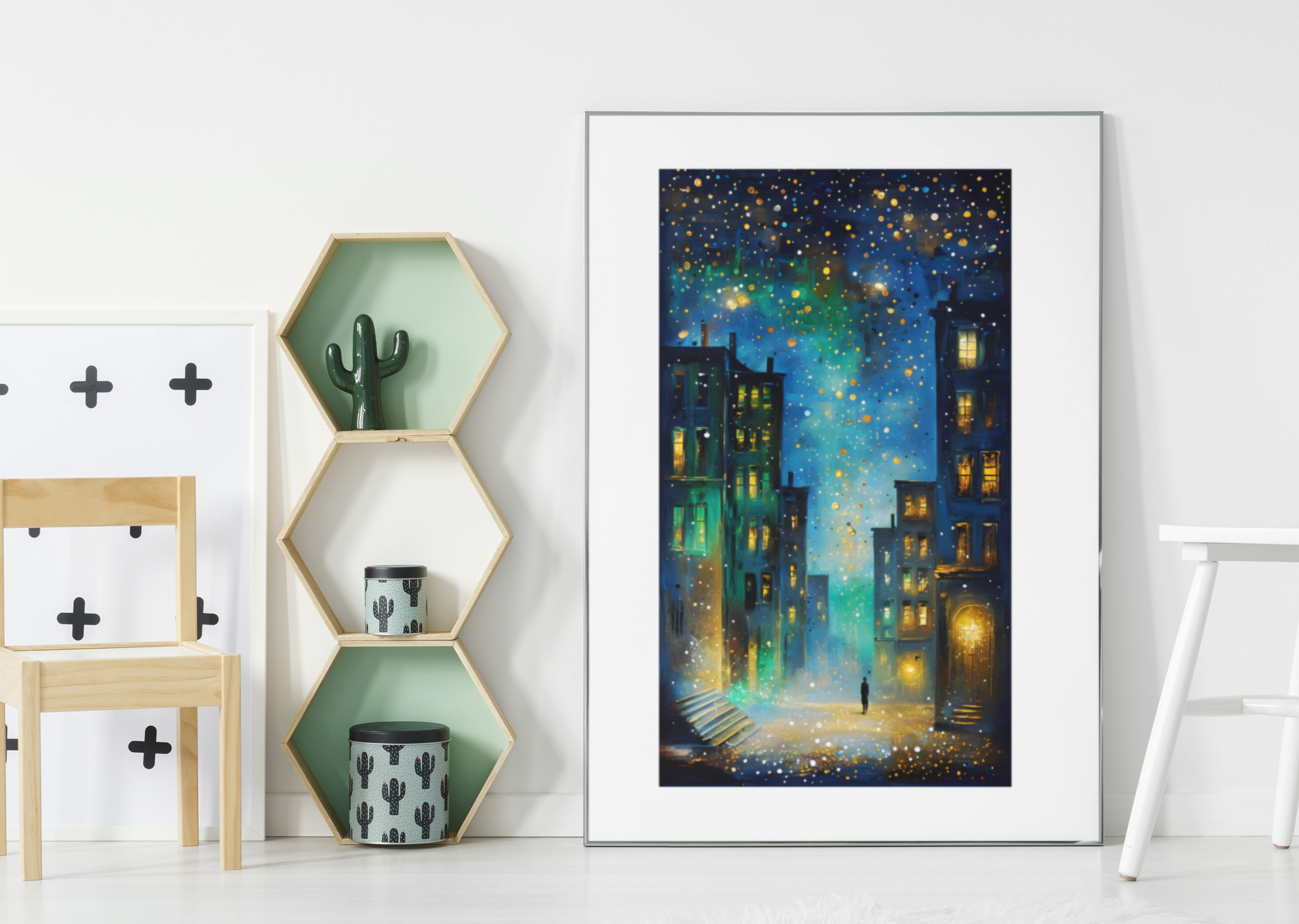Surreal Urban Night Scene Poster - Vibrant Reflection - Black Framed Art Ready to Hang