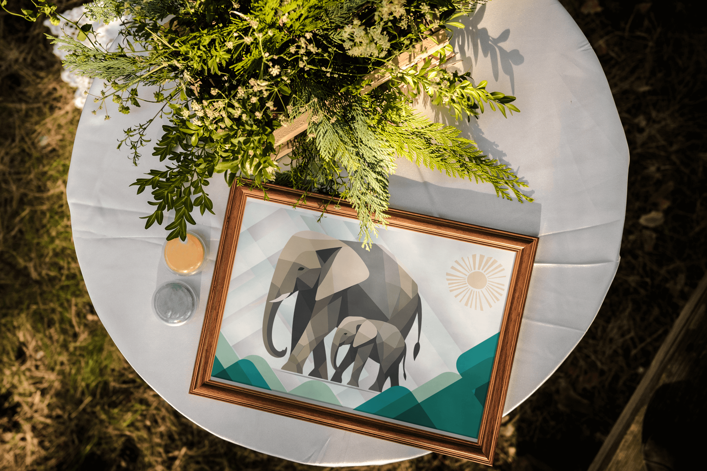 Elephant Duo Wall Art - Neutral Geometric Wildlife Illustration - Eco-Friendly Poster