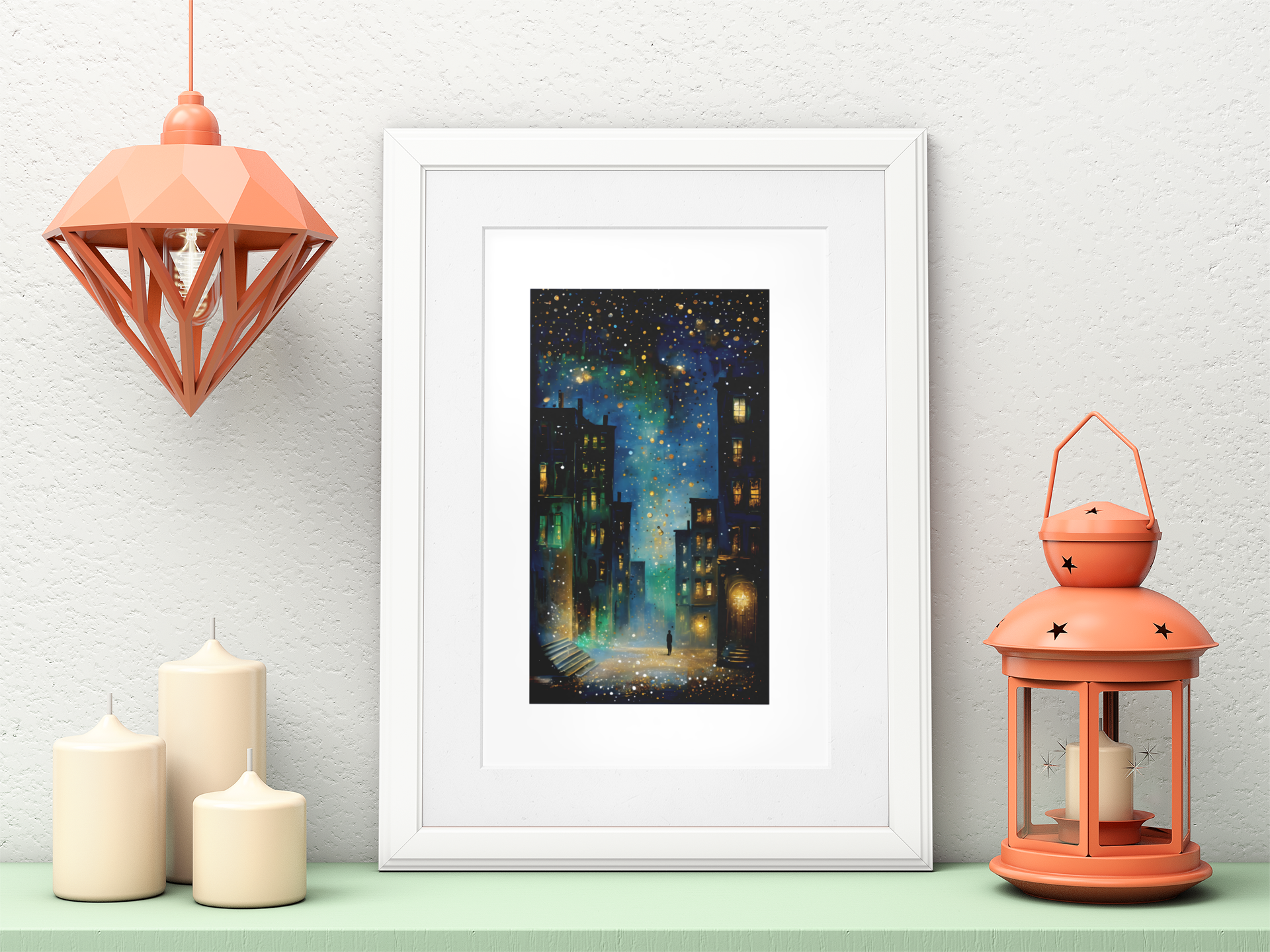 Surreal Urban Night Scene Poster - Vibrant Reflection - Black Framed Art Ready to Hang