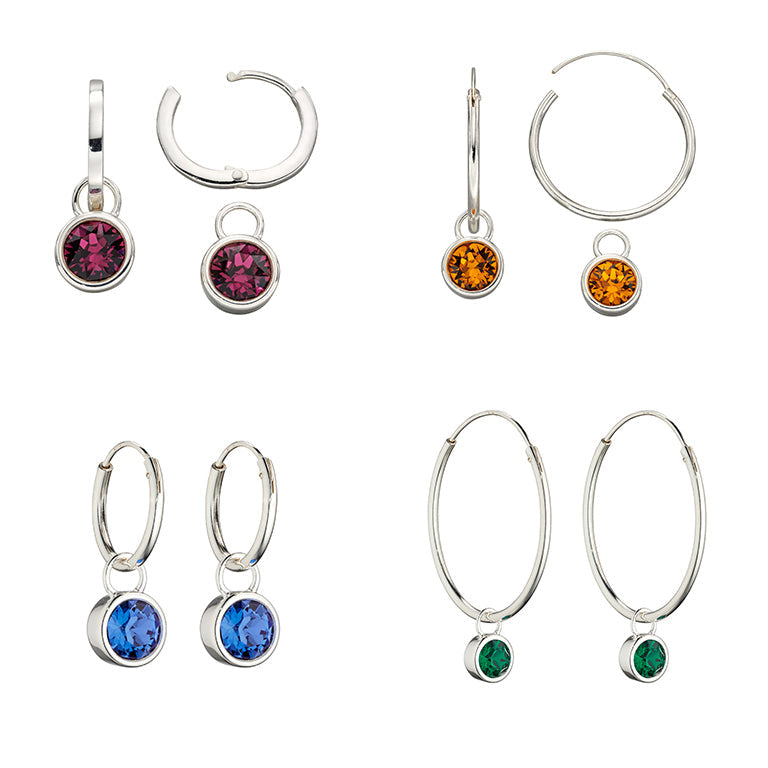 Gecko Jewellery Crystal Birthstone Hoop Earring Charms in Sterling Silver