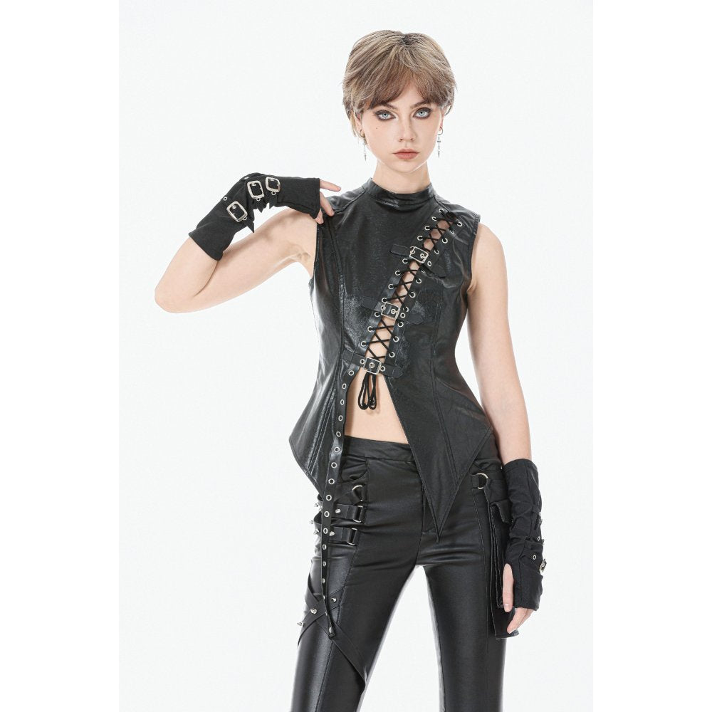 Dark in Love Black Distressed Leather-Look Lace-Up Punk Vest Top